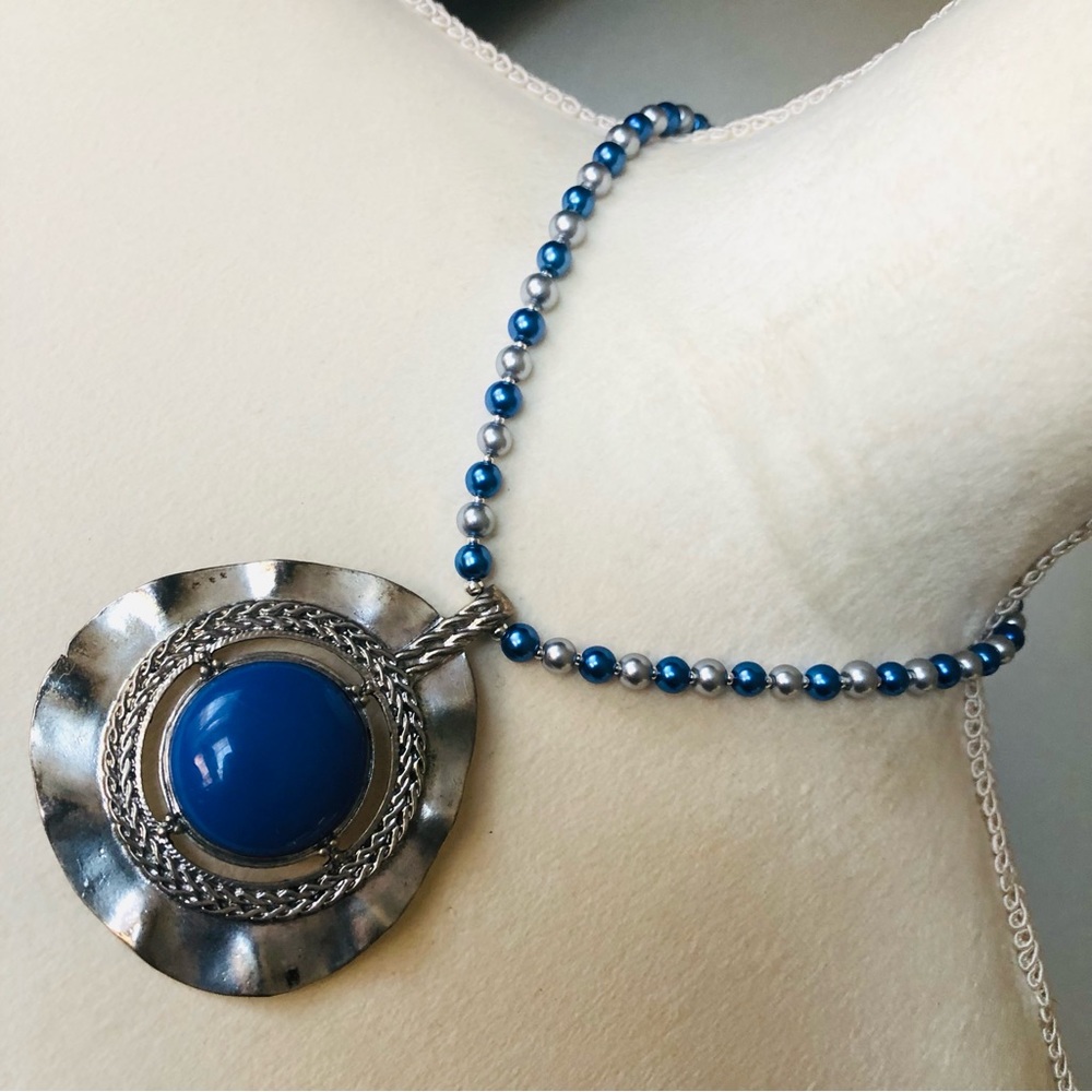 Handcrafted repurpose large blue chalcedony pendant Czech glass Pearl necklace